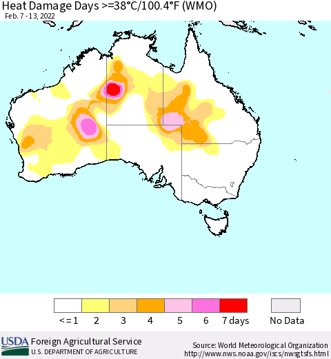 Australia Heat Damage Days >=38°C/100°F (WMO) Thematic Map For 2/7/2022 - 2/13/2022