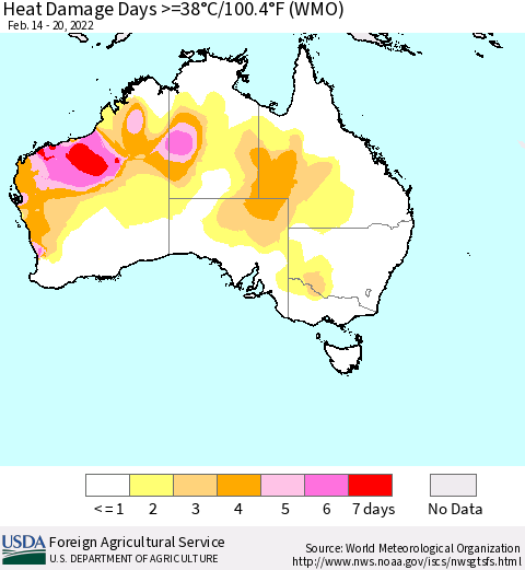 Australia Heat Damage Days >=38°C/100°F (WMO) Thematic Map For 2/14/2022 - 2/20/2022