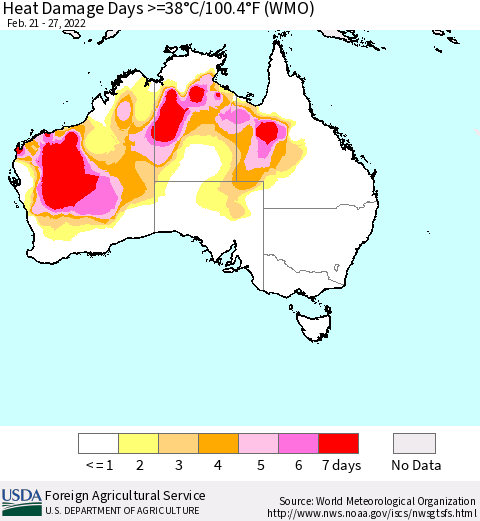 Australia Heat Damage Days >=38°C/100°F (WMO) Thematic Map For 2/21/2022 - 2/27/2022
