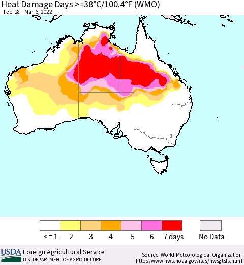 Australia Heat Damage Days >=38°C/100°F (WMO) Thematic Map For 2/28/2022 - 3/6/2022