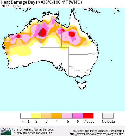 Australia Heat Damage Days >=38°C/100°F (WMO) Thematic Map For 3/7/2022 - 3/13/2022