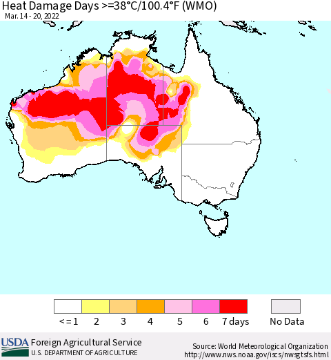 Australia Heat Damage Days >=38°C/100°F (WMO) Thematic Map For 3/14/2022 - 3/20/2022