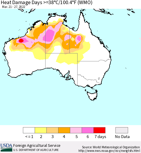 Australia Heat Damage Days >=38°C/100°F (WMO) Thematic Map For 3/21/2022 - 3/27/2022