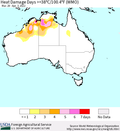Australia Heat Damage Days >=38°C/100°F (WMO) Thematic Map For 3/28/2022 - 4/3/2022