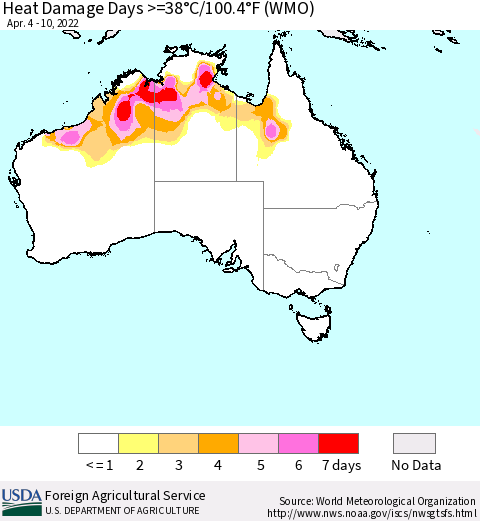 Australia Heat Damage Days >=38°C/100°F (WMO) Thematic Map For 4/4/2022 - 4/10/2022