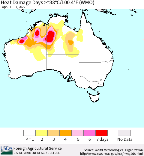 Australia Heat Damage Days >=38°C/100°F (WMO) Thematic Map For 4/11/2022 - 4/17/2022