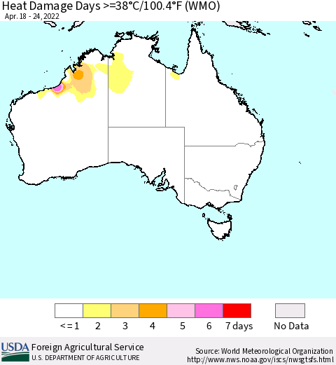 Australia Heat Damage Days >=38°C/100°F (WMO) Thematic Map For 4/18/2022 - 4/24/2022