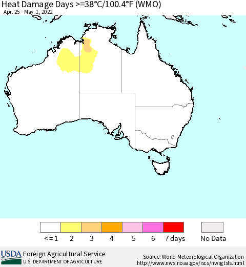 Australia Heat Damage Days >=38°C/100°F (WMO) Thematic Map For 4/25/2022 - 5/1/2022
