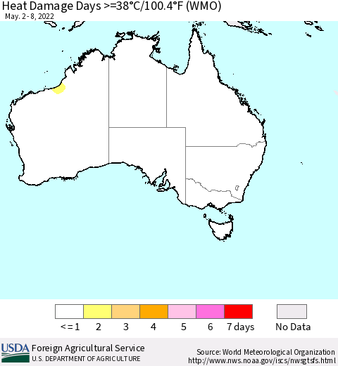 Australia Heat Damage Days >=38°C/100°F (WMO) Thematic Map For 5/2/2022 - 5/8/2022