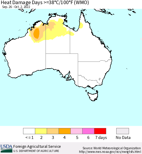 Australia Heat Damage Days >=38°C/100°F (WMO) Thematic Map For 9/26/2022 - 10/2/2022