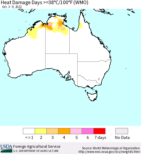 Australia Heat Damage Days >=38°C/100°F (WMO) Thematic Map For 10/3/2022 - 10/9/2022