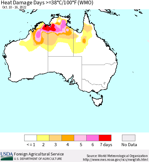 Australia Heat Damage Days >=38°C/100°F (WMO) Thematic Map For 10/10/2022 - 10/16/2022