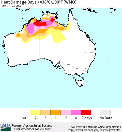 Australia Heat Damage Days >=38°C/100°F (WMO) Thematic Map For 10/17/2022 - 10/23/2022