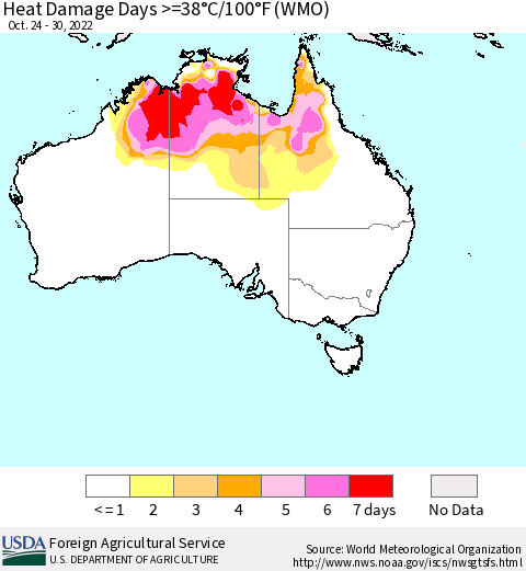 Australia Heat Damage Days >=38°C/100°F (WMO) Thematic Map For 10/24/2022 - 10/30/2022