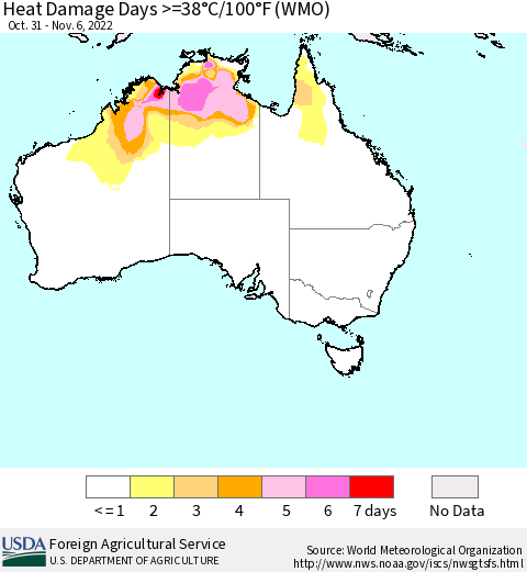 Australia Heat Damage Days >=38°C/100°F (WMO) Thematic Map For 10/31/2022 - 11/6/2022