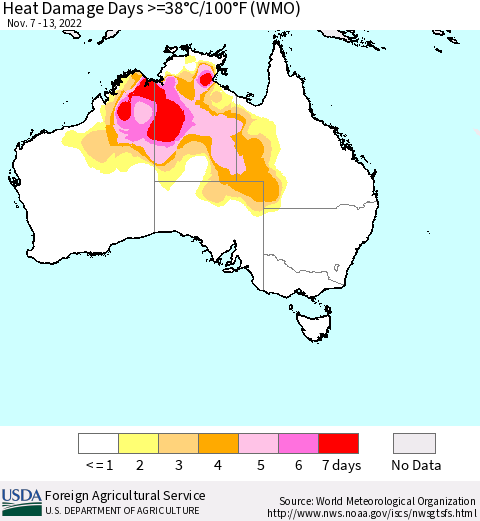 Australia Heat Damage Days >=38°C/100°F (WMO) Thematic Map For 11/7/2022 - 11/13/2022