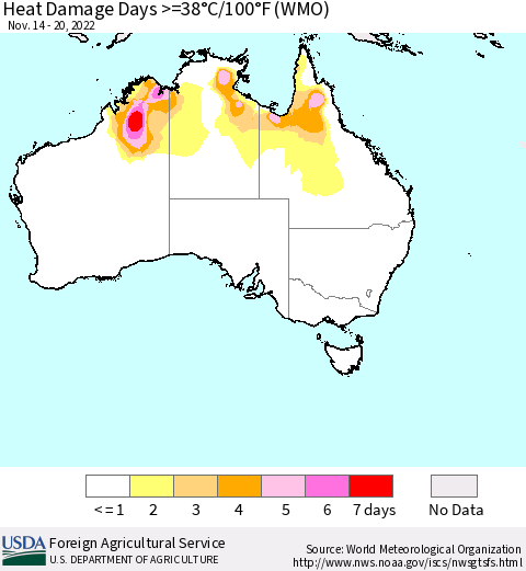 Australia Heat Damage Days >=38°C/100°F (WMO) Thematic Map For 11/14/2022 - 11/20/2022