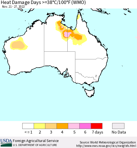 Australia Heat Damage Days >=38°C/100°F (WMO) Thematic Map For 11/21/2022 - 11/27/2022