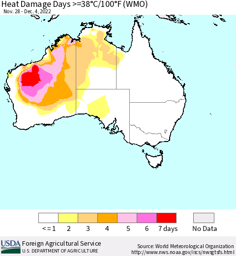 Australia Heat Damage Days >=38°C/100°F (WMO) Thematic Map For 11/28/2022 - 12/4/2022