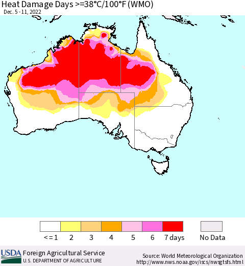 Australia Heat Damage Days >=38°C/100°F (WMO) Thematic Map For 12/5/2022 - 12/11/2022