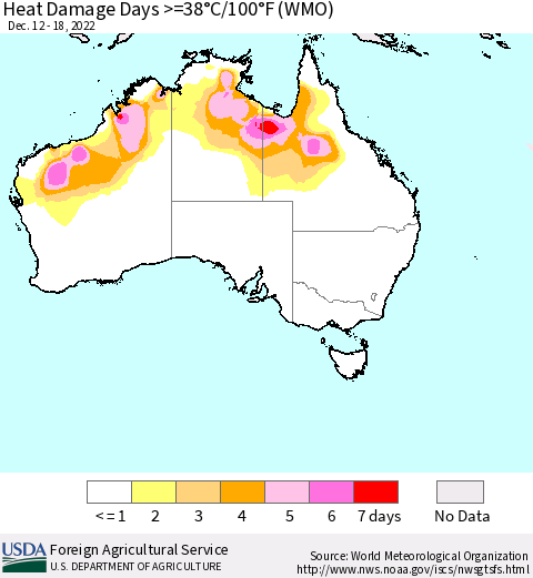Australia Heat Damage Days >=38°C/100°F (WMO) Thematic Map For 12/12/2022 - 12/18/2022