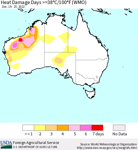 Australia Heat Damage Days >=38°C/100°F (WMO) Thematic Map For 12/19/2022 - 12/25/2022