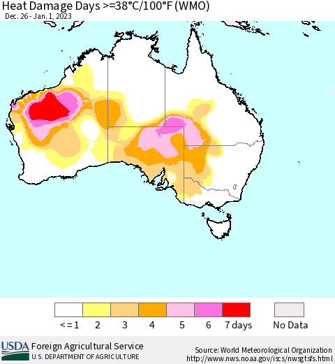 Australia Heat Damage Days >=38°C/100°F (WMO) Thematic Map For 12/26/2022 - 1/1/2023