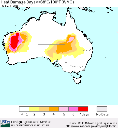 Australia Heat Damage Days >=38°C/100°F (WMO) Thematic Map For 1/2/2023 - 1/8/2023