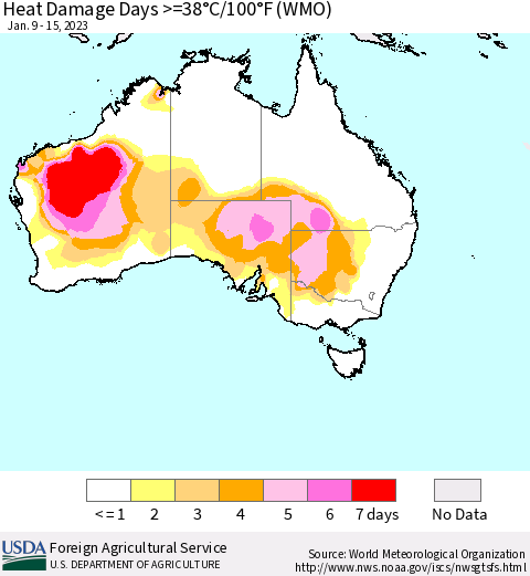 Australia Heat Damage Days >=38°C/100°F (WMO) Thematic Map For 1/9/2023 - 1/15/2023