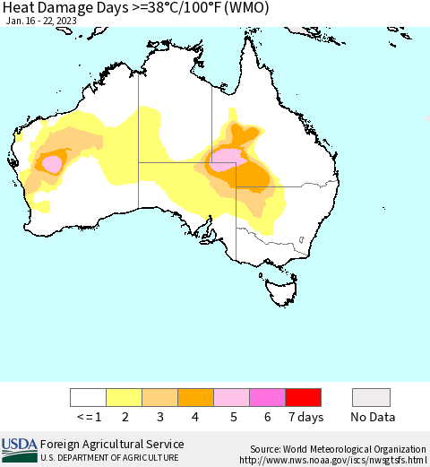 Australia Heat Damage Days >=38°C/100°F (WMO) Thematic Map For 1/16/2023 - 1/22/2023