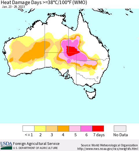 Australia Heat Damage Days >=38°C/100°F (WMO) Thematic Map For 1/23/2023 - 1/29/2023