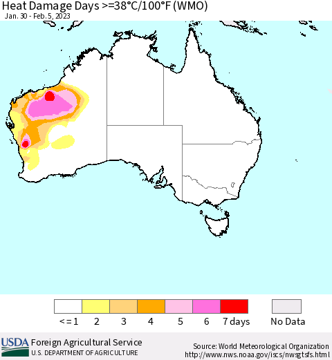 Australia Heat Damage Days >=38°C/100°F (WMO) Thematic Map For 1/30/2023 - 2/5/2023