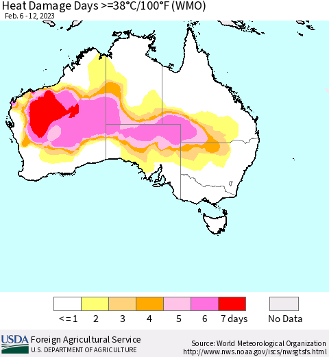 Australia Heat Damage Days >=38°C/100°F (WMO) Thematic Map For 2/6/2023 - 2/12/2023