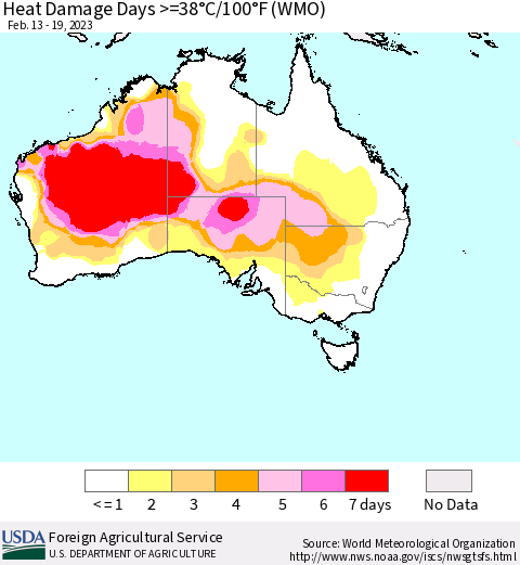 Australia Heat Damage Days >=38°C/100°F (WMO) Thematic Map For 2/13/2023 - 2/19/2023