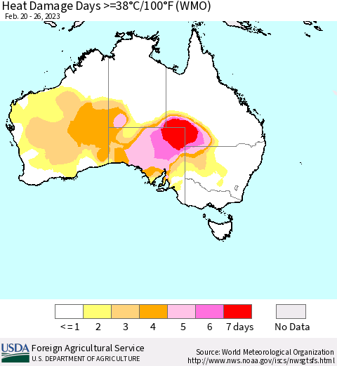 Australia Heat Damage Days >=38°C/100°F (WMO) Thematic Map For 2/20/2023 - 2/26/2023