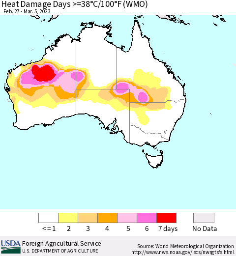 Australia Heat Damage Days >=38°C/100°F (WMO) Thematic Map For 2/27/2023 - 3/5/2023