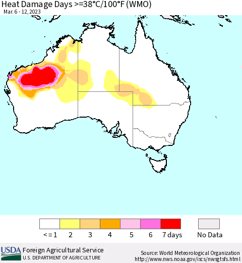 Australia Heat Damage Days >=38°C/100°F (WMO) Thematic Map For 3/6/2023 - 3/12/2023