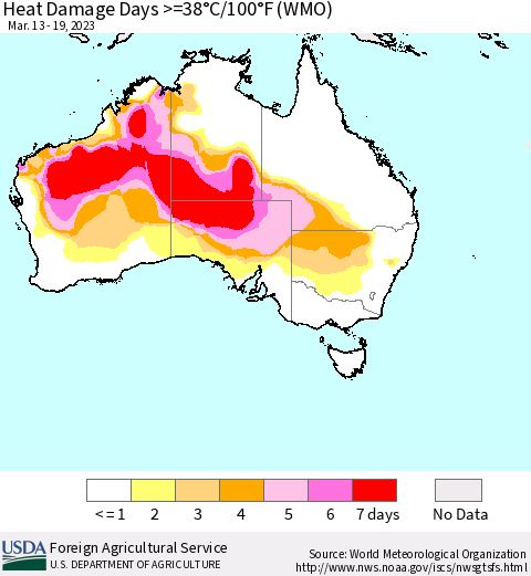 Australia Heat Damage Days >=38°C/100°F (WMO) Thematic Map For 3/13/2023 - 3/19/2023