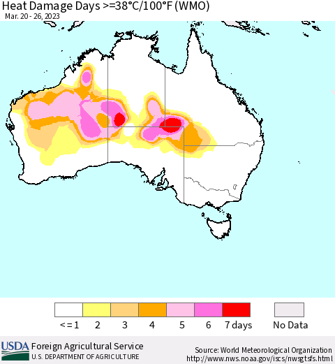 Australia Heat Damage Days >=38°C/100°F (WMO) Thematic Map For 3/20/2023 - 3/26/2023