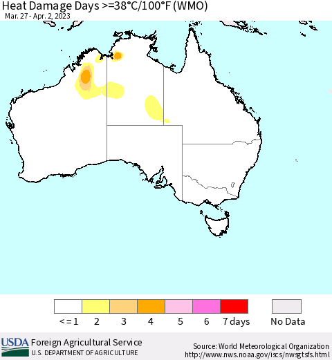 Australia Heat Damage Days >=38°C/100°F (WMO) Thematic Map For 3/27/2023 - 4/2/2023