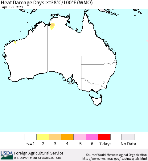Australia Heat Damage Days >=38°C/100°F (WMO) Thematic Map For 4/3/2023 - 4/9/2023