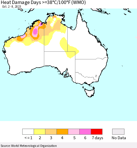 Australia Heat Damage Days >=38°C/100°F (WMO) Thematic Map For 10/2/2023 - 10/8/2023