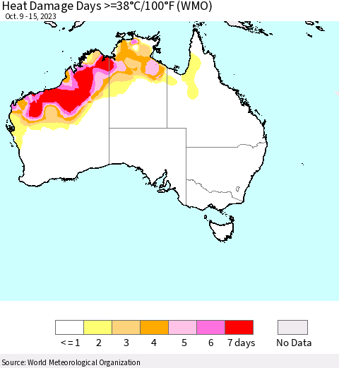 Australia Heat Damage Days >=38°C/100°F (WMO) Thematic Map For 10/9/2023 - 10/15/2023