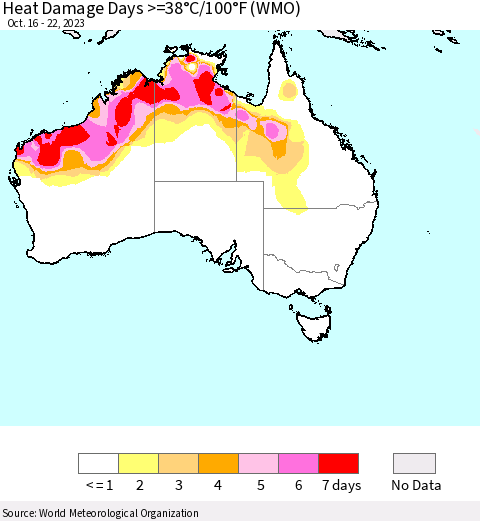 Australia Heat Damage Days >=38°C/100°F (WMO) Thematic Map For 10/16/2023 - 10/22/2023