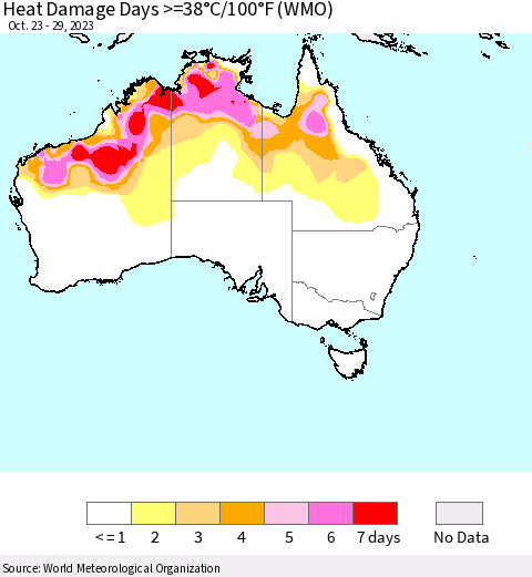 Australia Heat Damage Days >=38°C/100°F (WMO) Thematic Map For 10/23/2023 - 10/29/2023