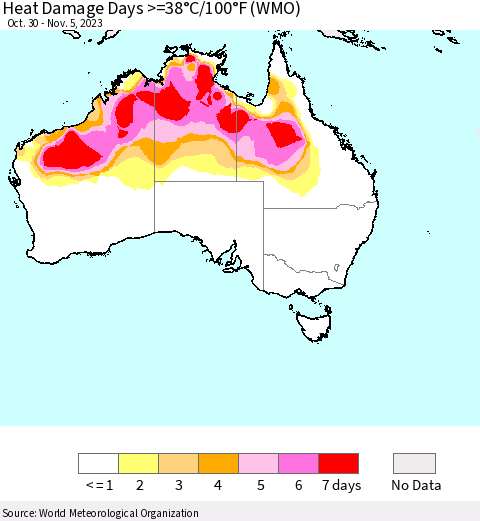 Australia Heat Damage Days >=38°C/100°F (WMO) Thematic Map For 10/30/2023 - 11/5/2023