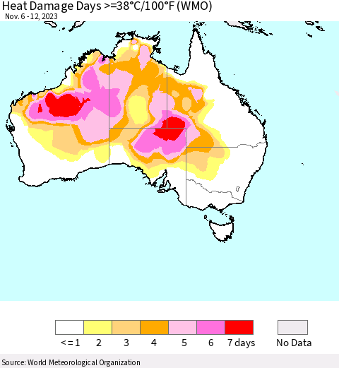 Australia Heat Damage Days >=38°C/100°F (WMO) Thematic Map For 11/6/2023 - 11/12/2023