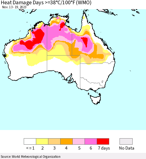 Australia Heat Damage Days >=38°C/100°F (WMO) Thematic Map For 11/13/2023 - 11/19/2023