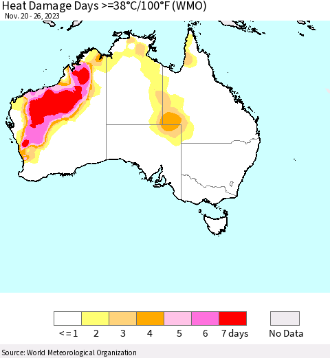 Australia Heat Damage Days >=38°C/100°F (WMO) Thematic Map For 11/20/2023 - 11/26/2023