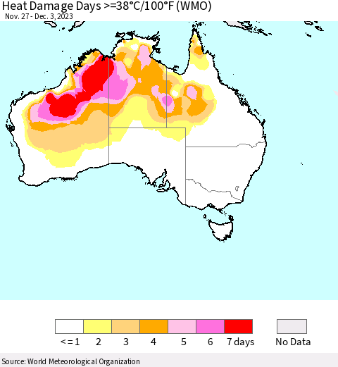 Australia Heat Damage Days >=38°C/100°F (WMO) Thematic Map For 11/27/2023 - 12/3/2023